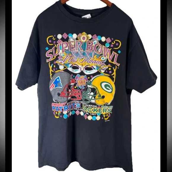 90s VTG NFL Super Bowl 31 T Shirt Green Bay Packers VS Patriots 1996 NOLA XXXI - Picture 2 of 8